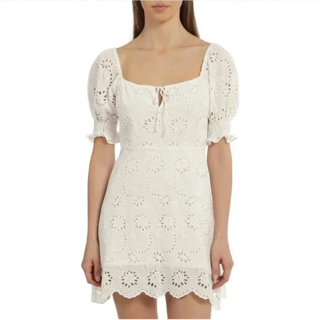 7 For All Mankind White Eyelet Lace Puff Sleeve Babydoll Mini Dress Medium $258